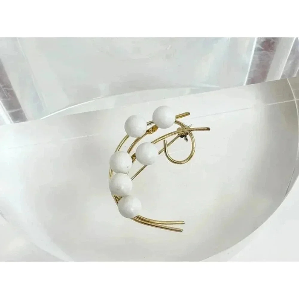 Vintage Gold Toned White Beaded Midcentury Modern Brooch Pin